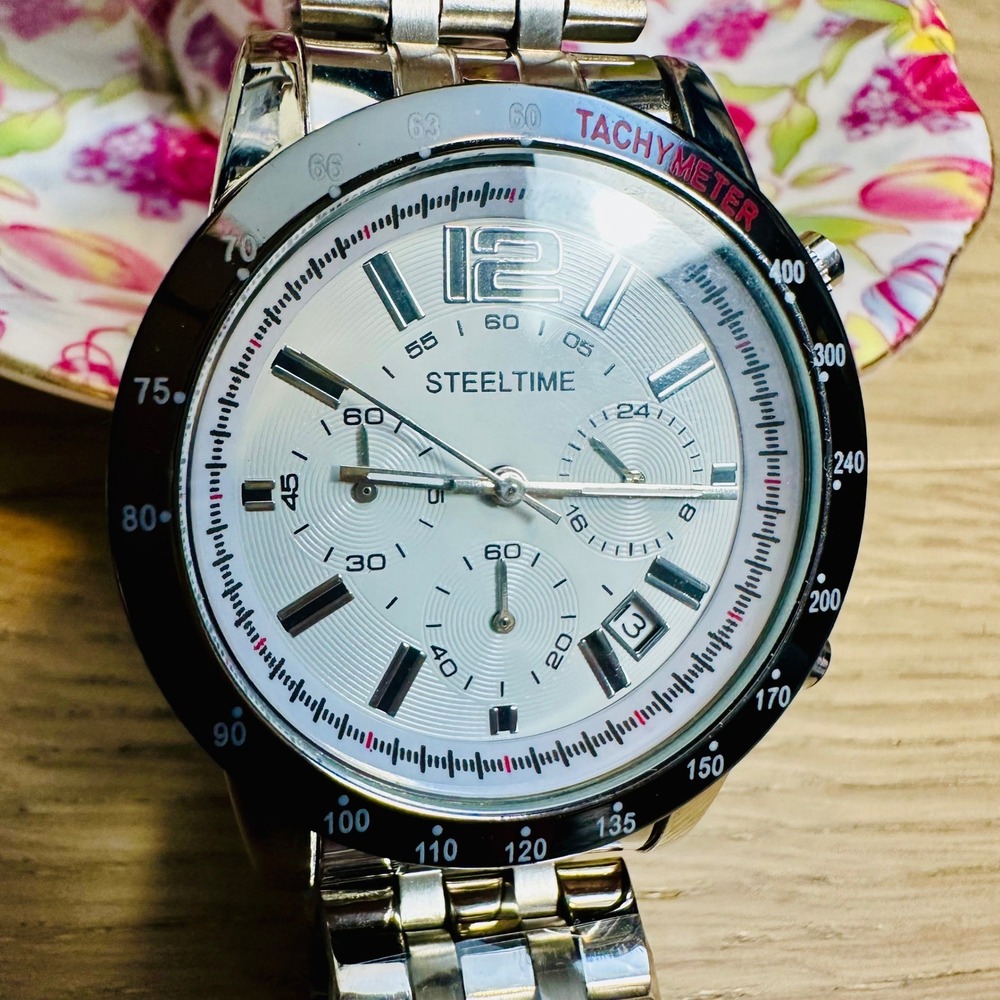 STEELTIME Chronograph Tachymeter Men's Watch Silver Tone‎ Stainless Steel Band - Picture 6 of 6